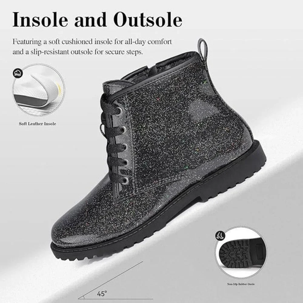 Fitory Girls Size 11 Black Sparkle Glitter Lace Up Side ZIp Ankle Combat Boots